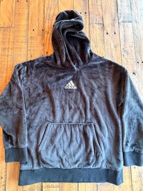Adidas Girls Plush Hoodie Black Cozy Pullover Youth 14 EUC